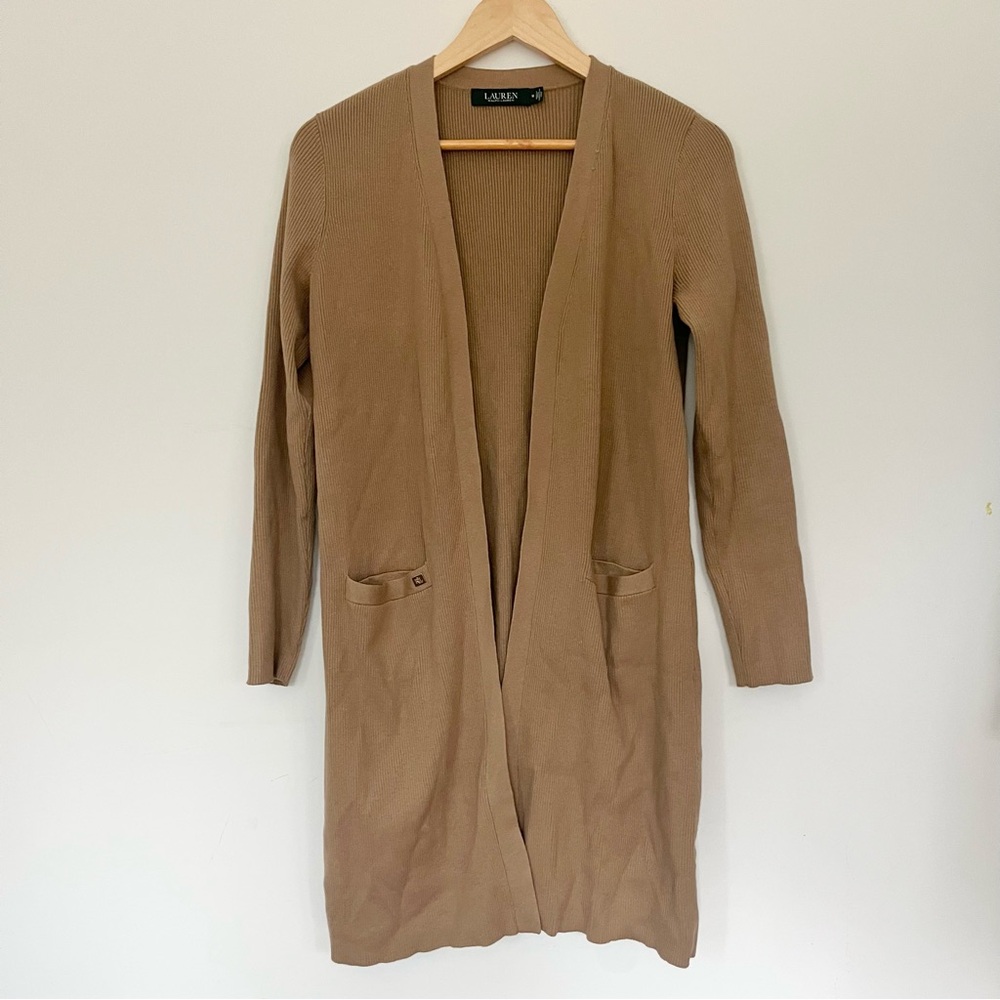 Lauren Ralph Lauren Open Front Cardigan Sweater Ribbed Knit Tan Brown Womens M - Picture 3 of 12